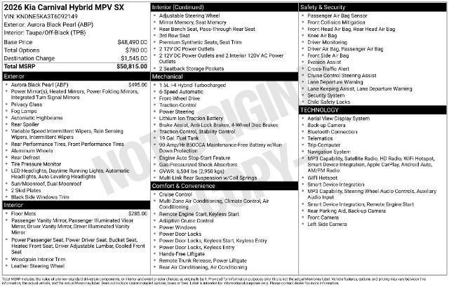 2026 Kia Carnival Hybrid SX